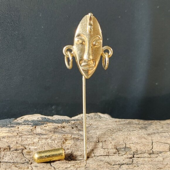 Art Deco Tribal Face Mask Label Stick Pin Gold Tone Unique Dangle Design 2 Inch - Picture 6 of 10